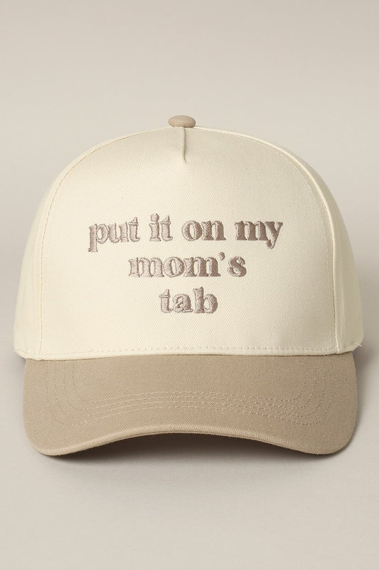 Put It On My Mom's Tab Embroidered Trucker Hat (beige)