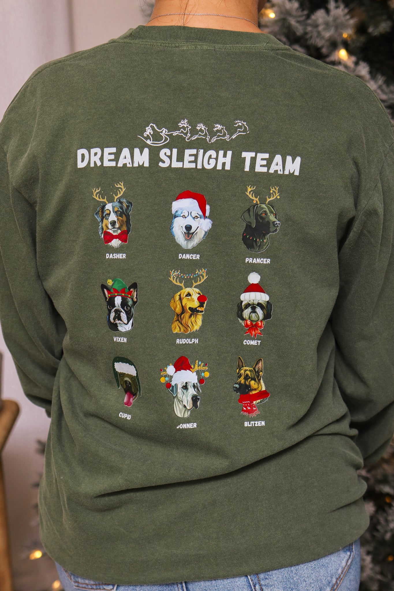 Dog Sleigh Team Long Sleeve Graphic Tee (olive)