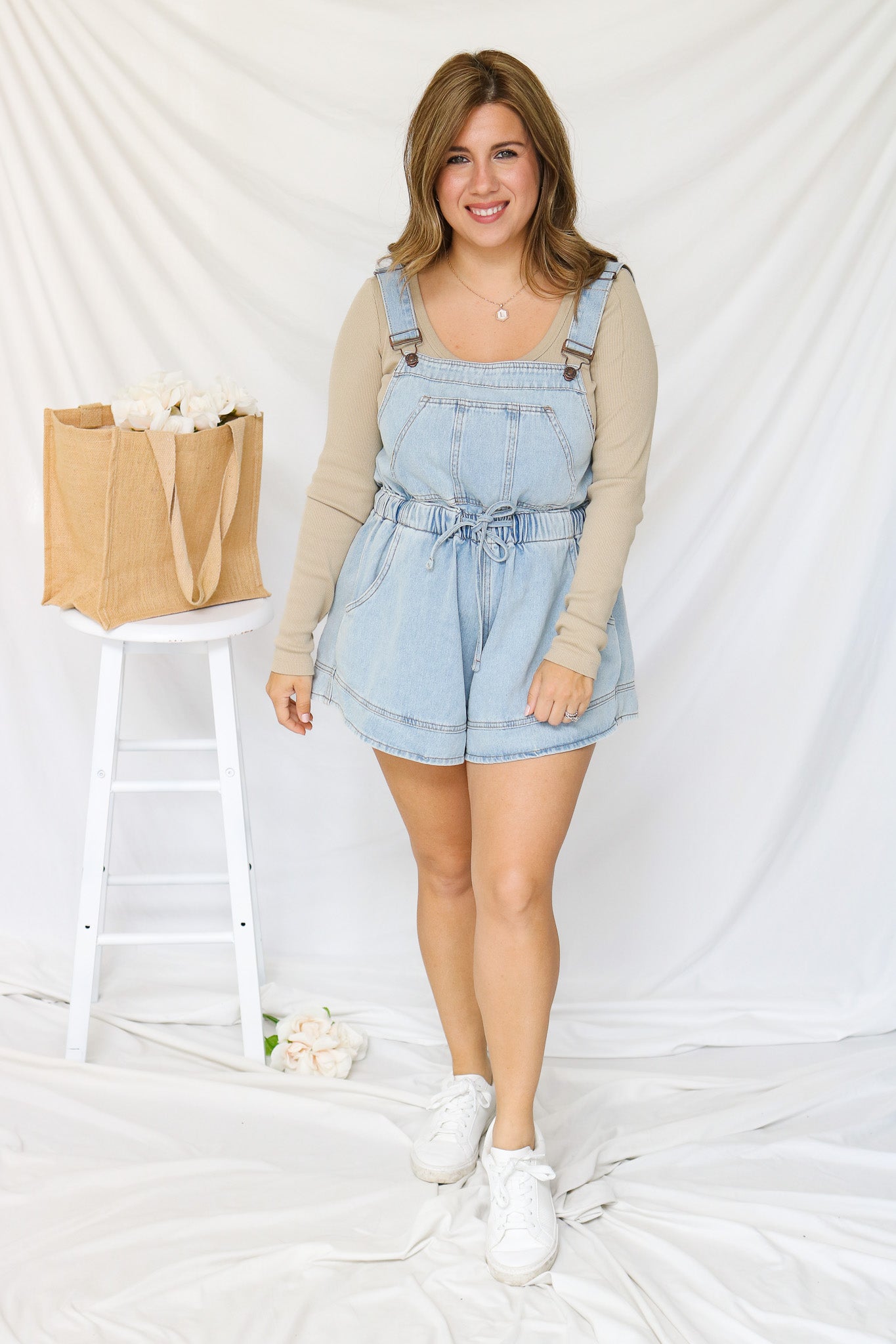 Flower Picking Denim Short Overalls