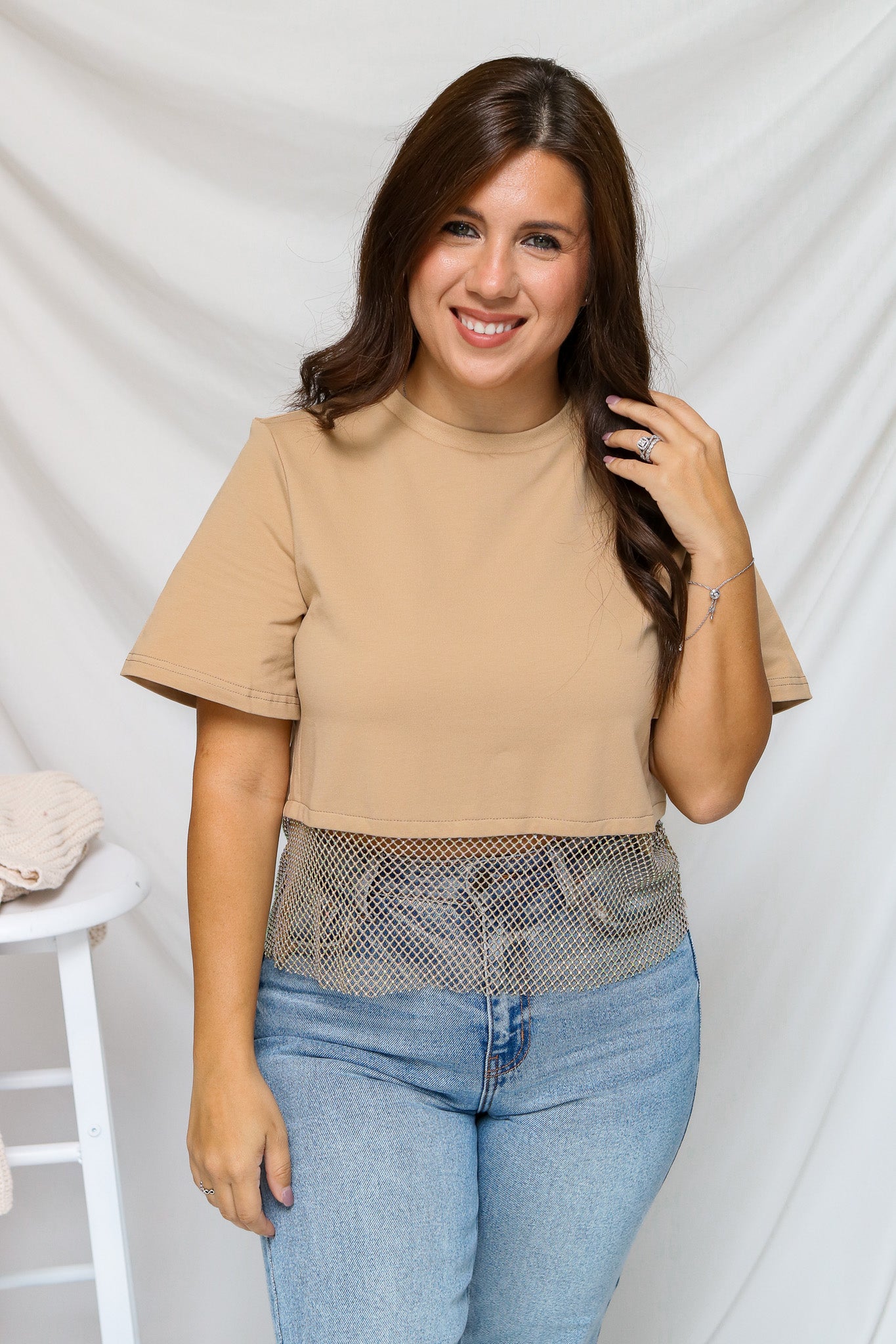 See Me Shine Rhinestone Top (khaki)