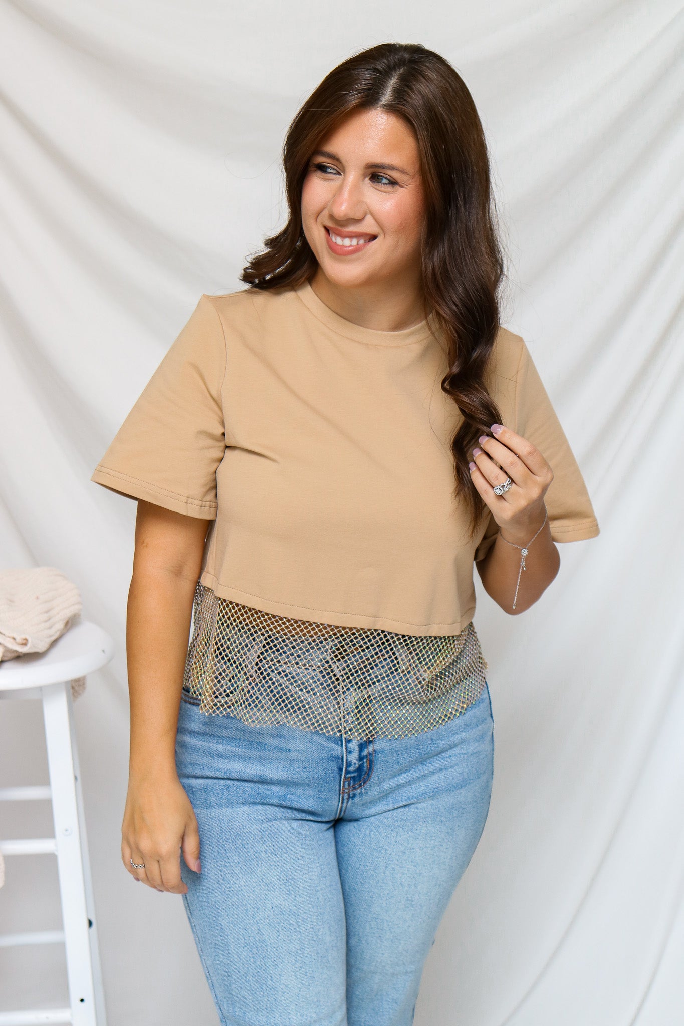 See Me Shine Rhinestone Top (khaki)