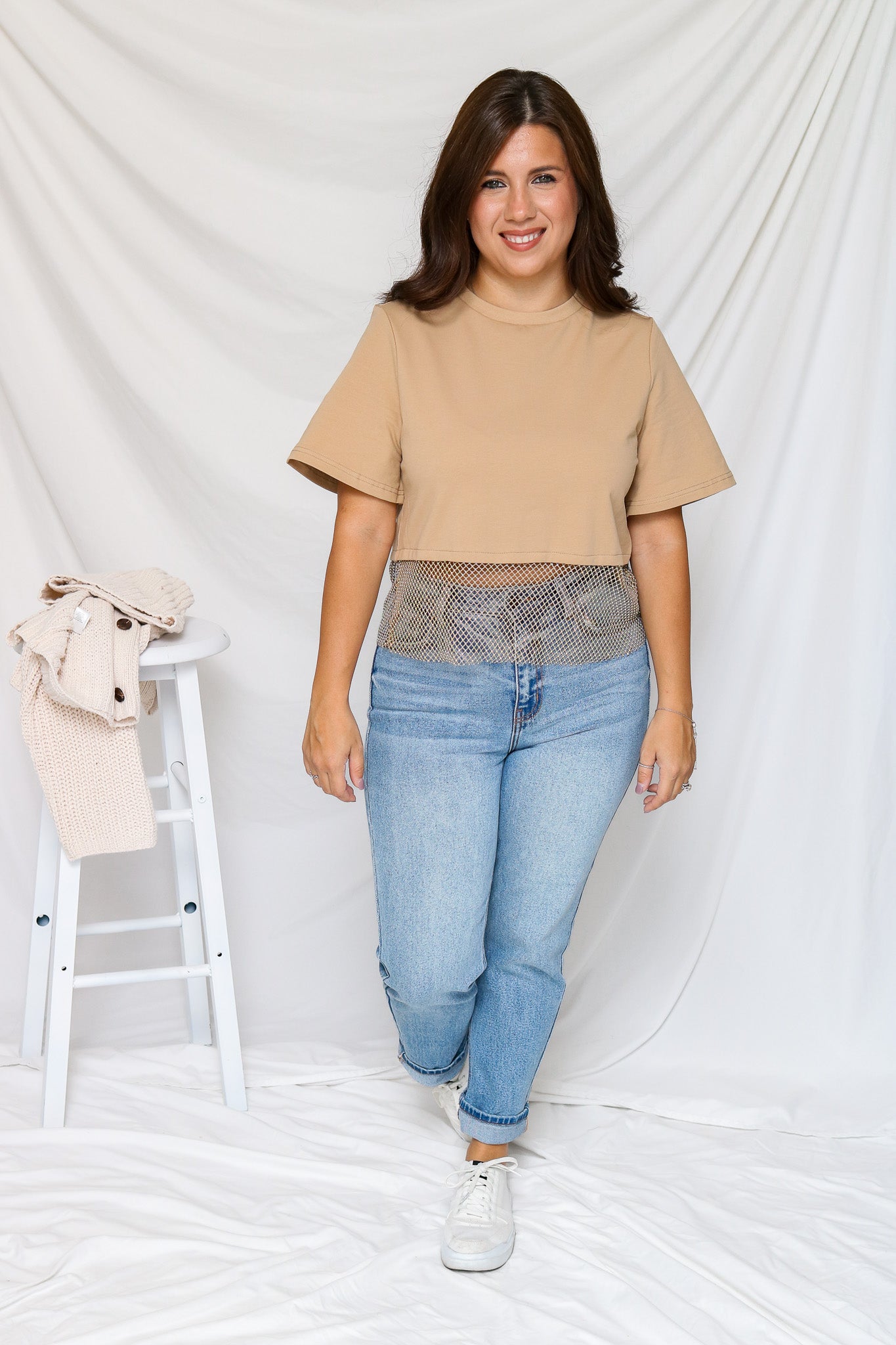 See Me Shine Rhinestone Top (khaki)