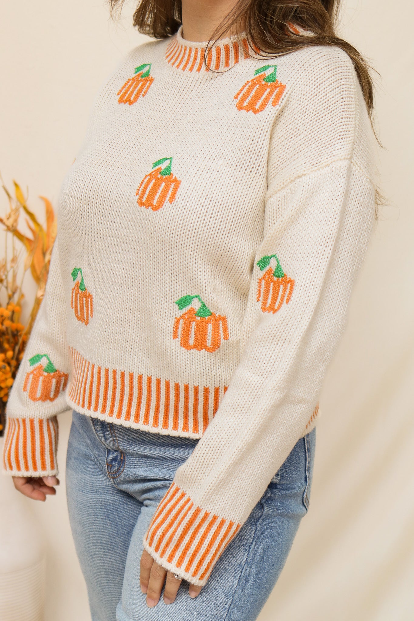 Pumpkin Embroidered Knit Sweater