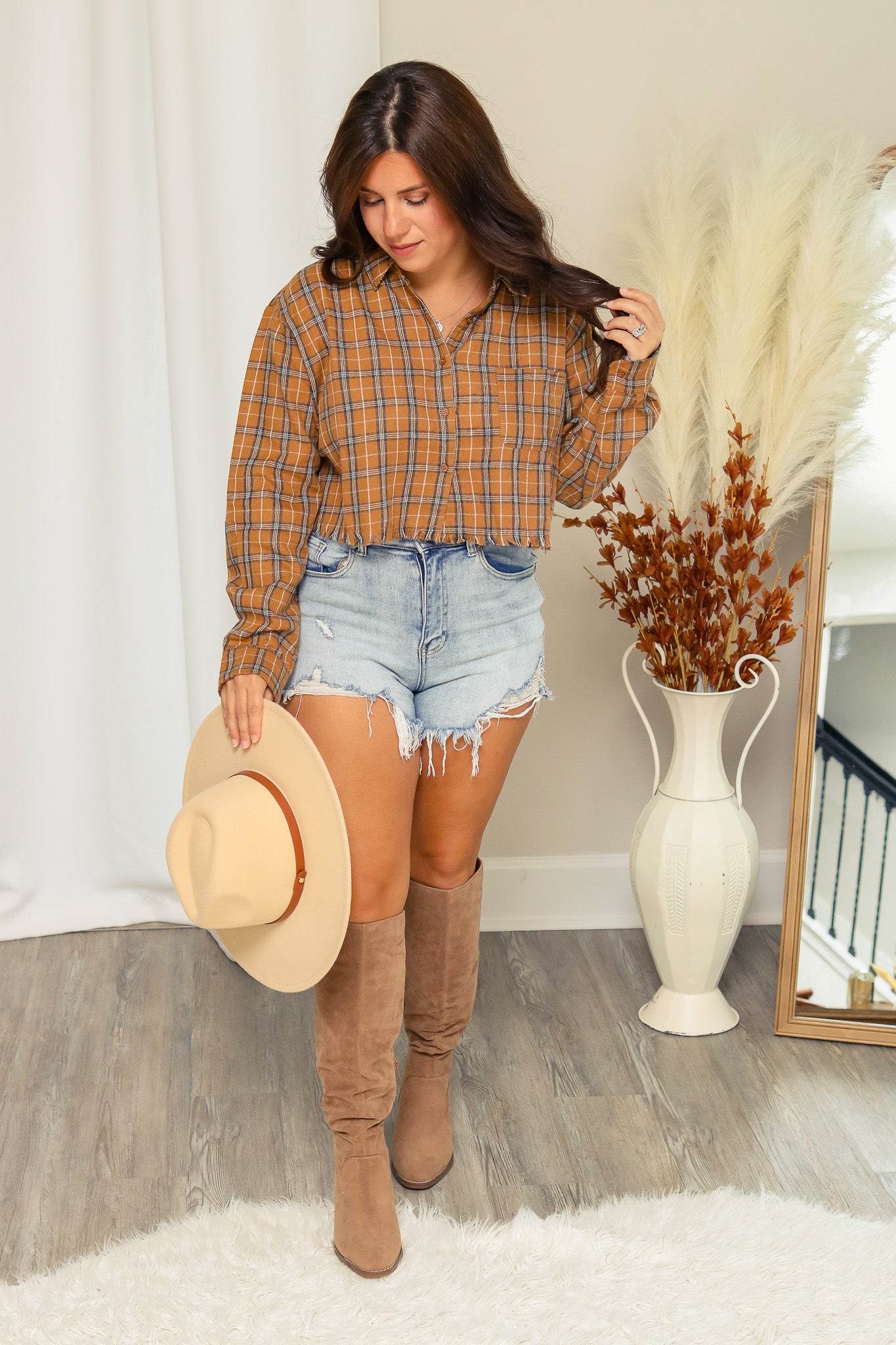 Pumpkin Patch Plaid Button Up Top