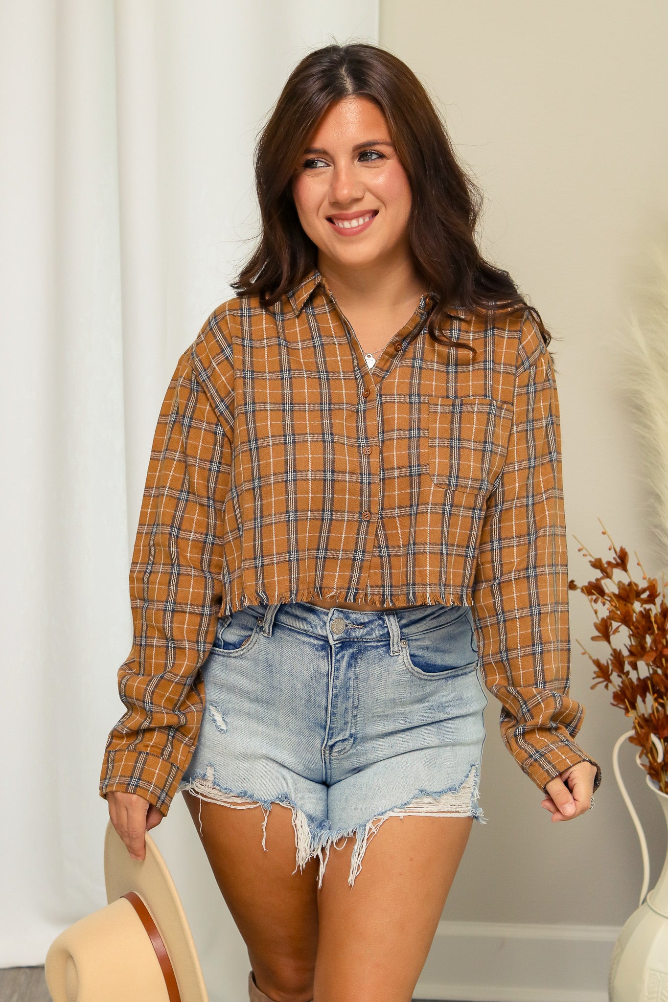 Pumpkin Patch Plaid Button Up Top