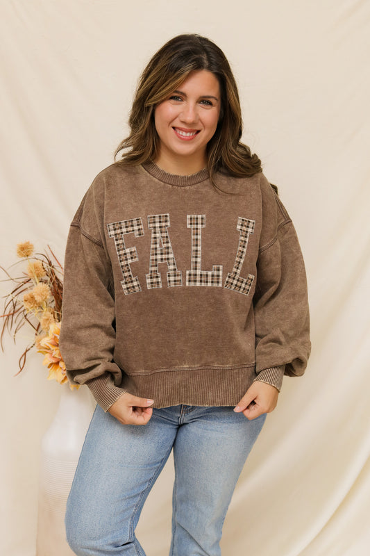Fall Stitched Graphic Pullover (plaid/mocha)