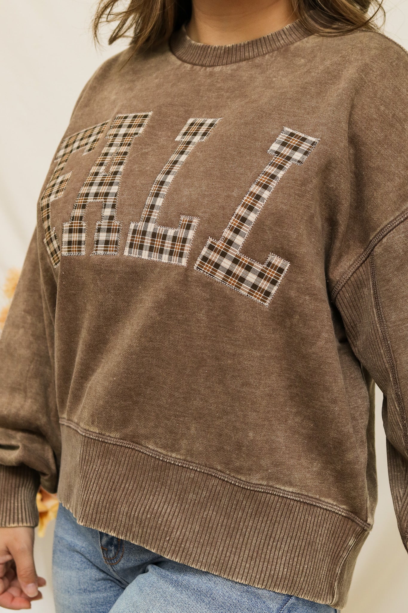 Fall Stitched Graphic Pullover (plaid/mocha)