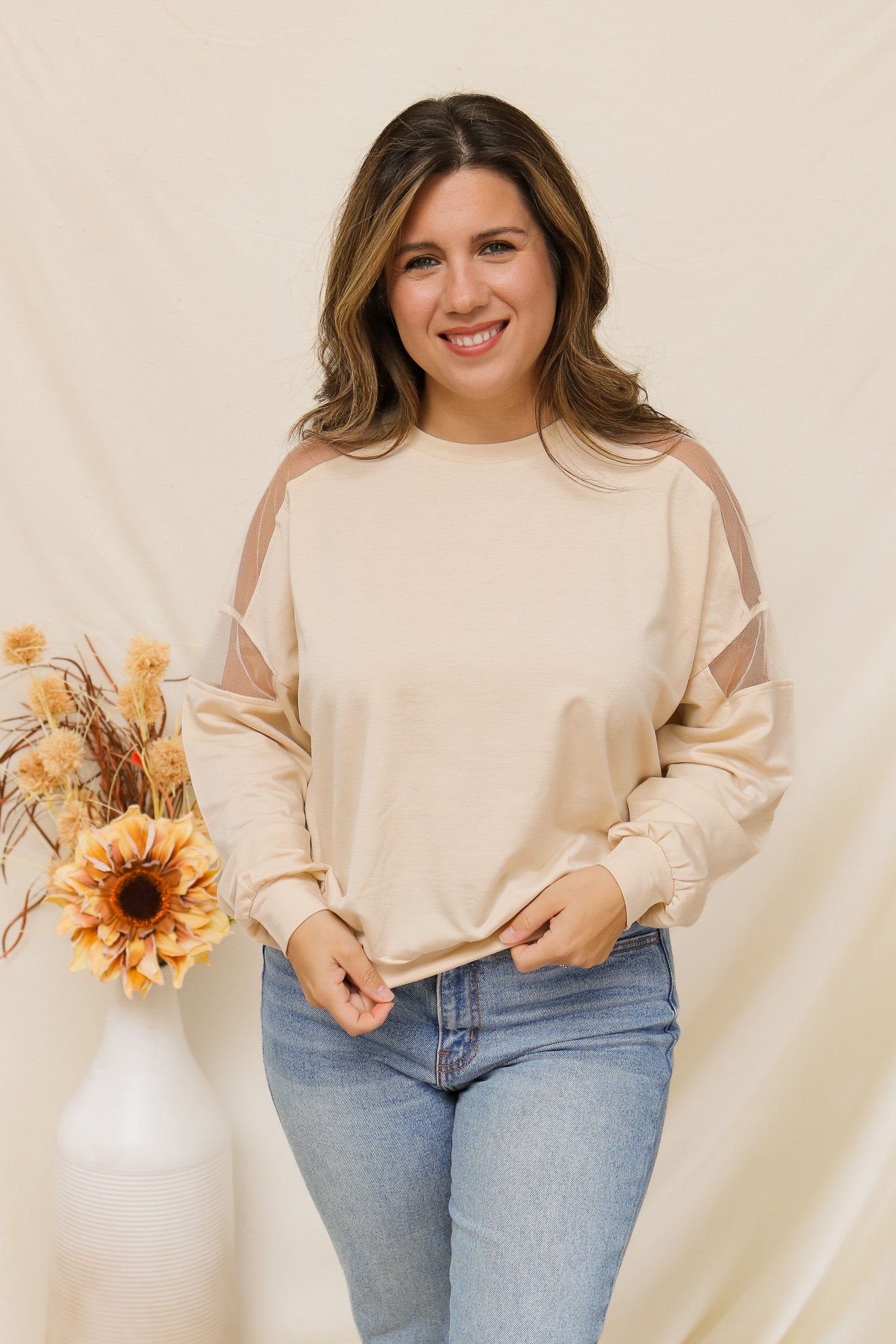 Fall Breeze Sheer Shoulder Top