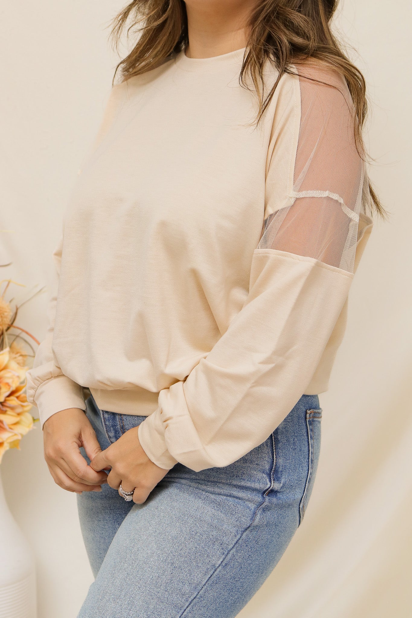 Fall Breeze Sheer Shoulder Top