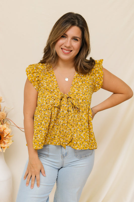 Sunflower Picking Tie Front Top