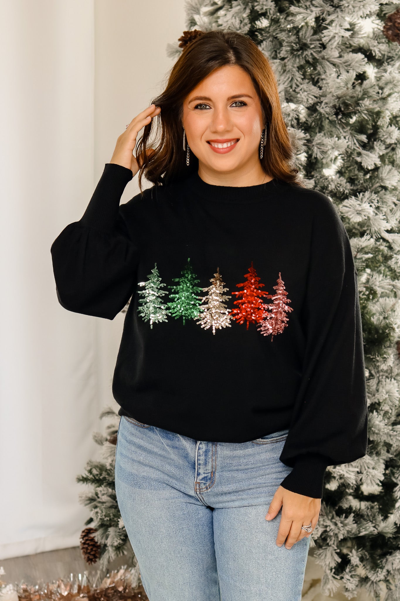 Colorful Christmas Trees Sequin Sweater (black)