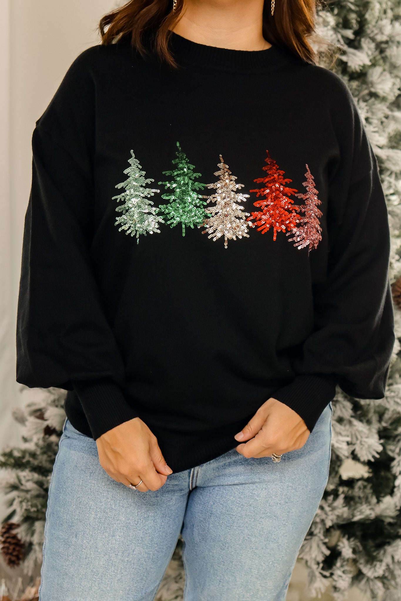 Colorful Christmas Trees Sequin Sweater (black)