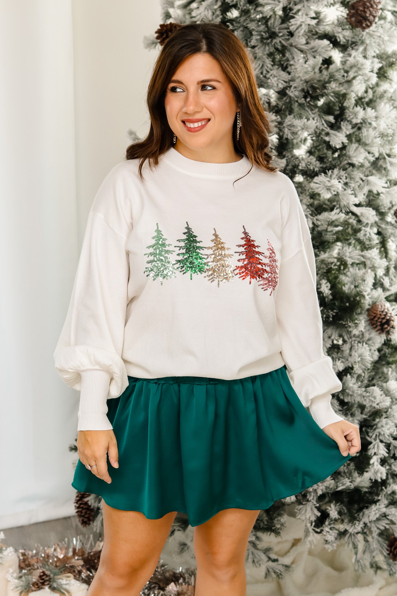 Colorful Christmas Trees Sequin Sweater (off white)