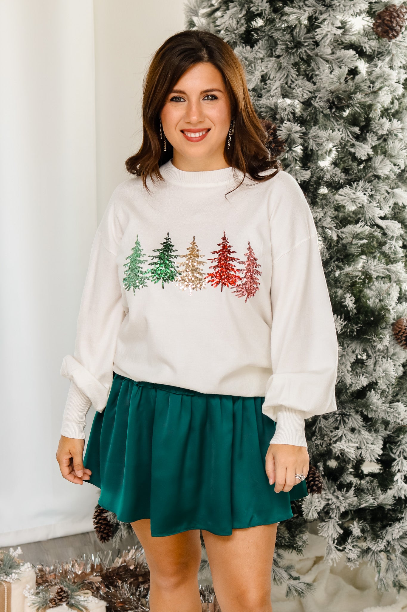 Colorful Christmas Trees Sequin Sweater (off white)