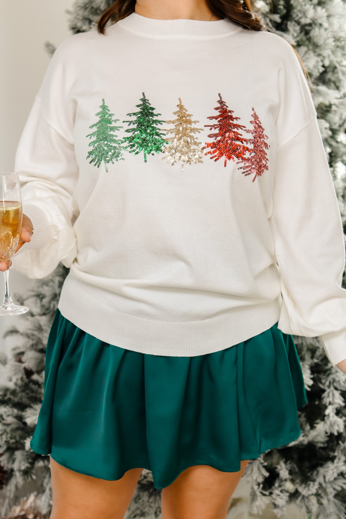 Colorful Christmas Trees Sequin Sweater (off white)
