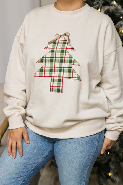 Vintage Plaid Stitched Christmas Tree Pullover (sand beige)