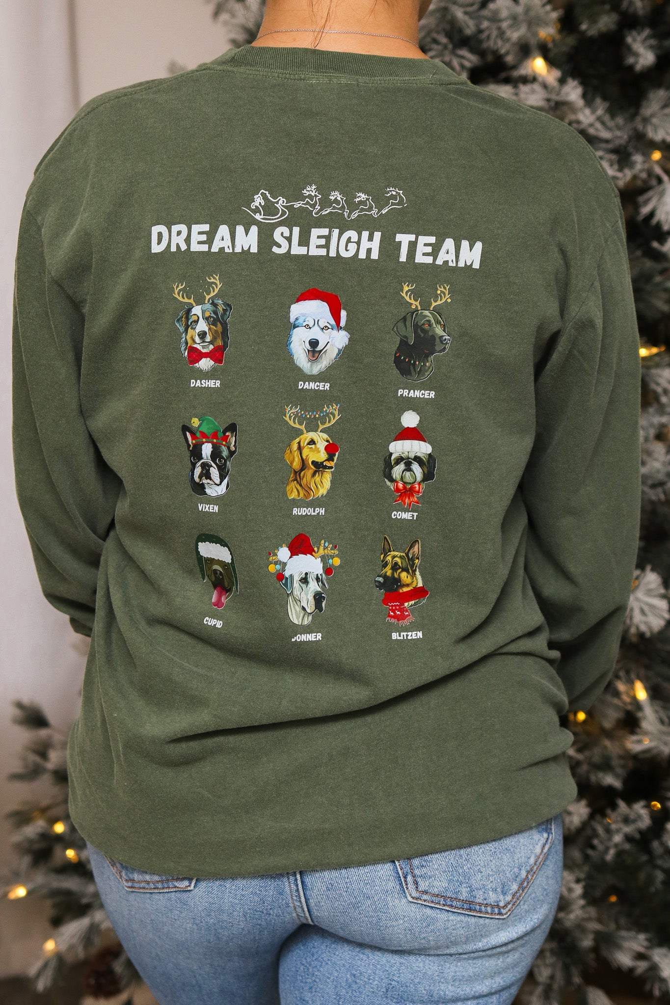 Dog Sleigh Team Long Sleeve Graphic Tee (olive)