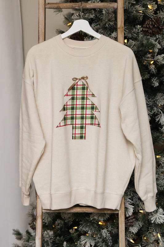 Vintage Plaid Stitched Christmas Tree Pullover (sand beige)