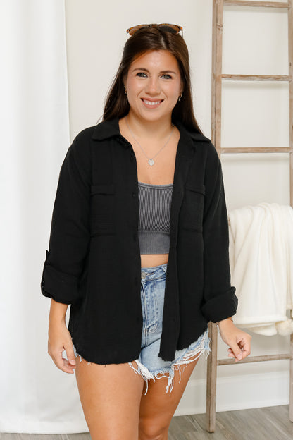 Easy Going Gauze Button Front Top (black)