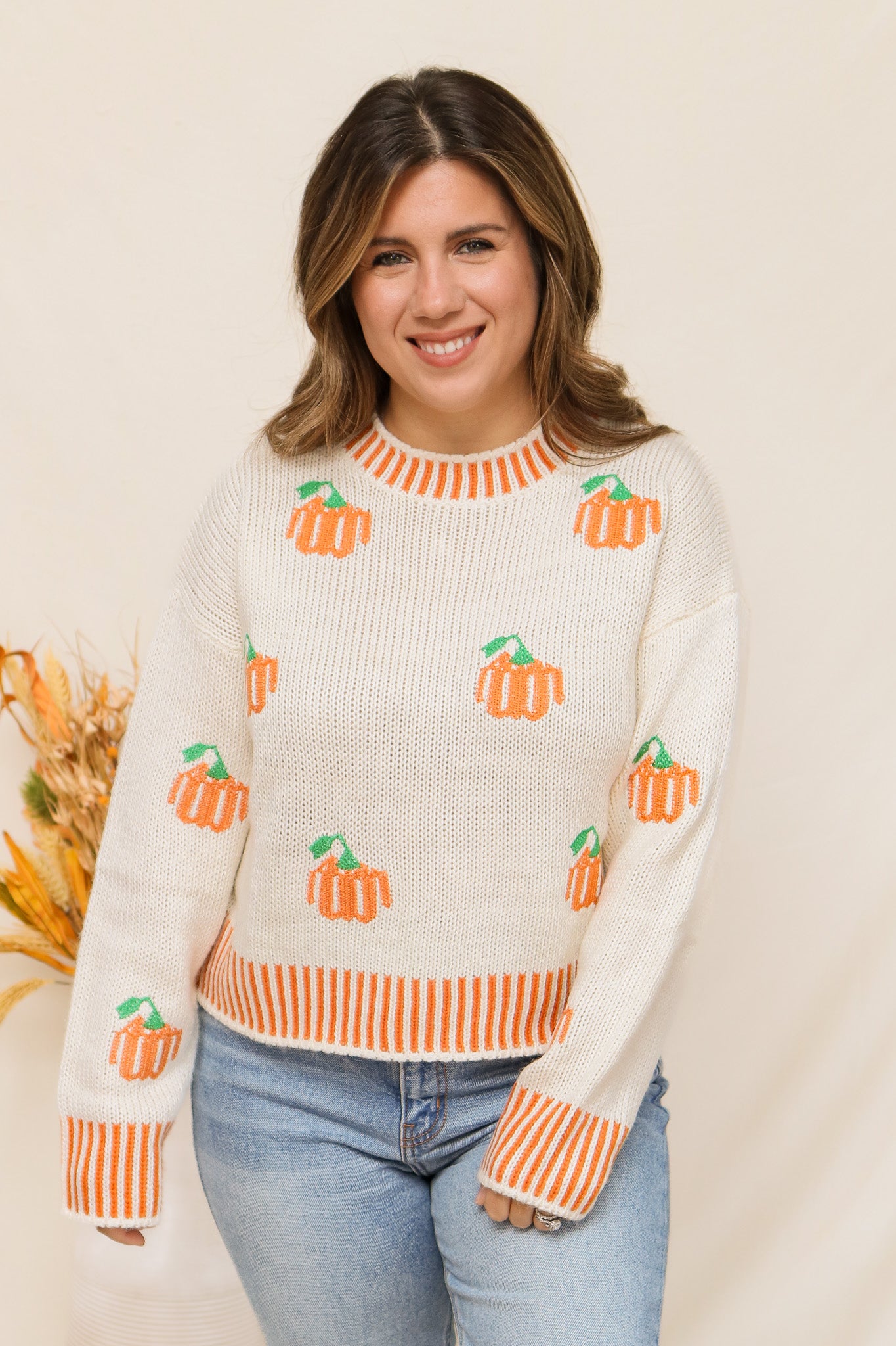 Pumpkin Embroidered Knit Sweater