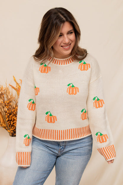 Pumpkin Embroidered Knit Sweater