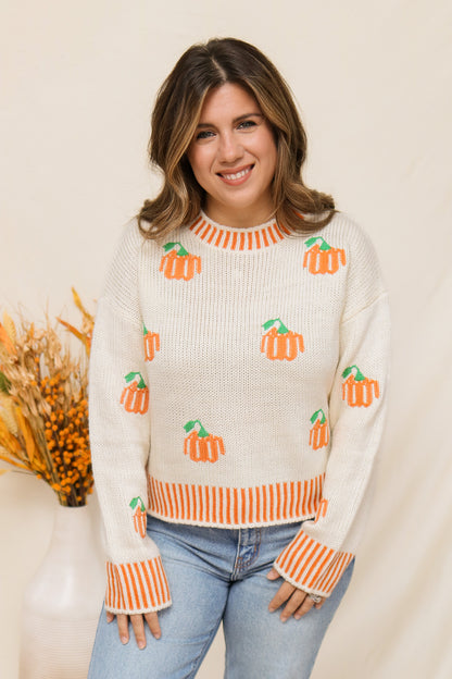 Pumpkin Embroidered Knit Sweater