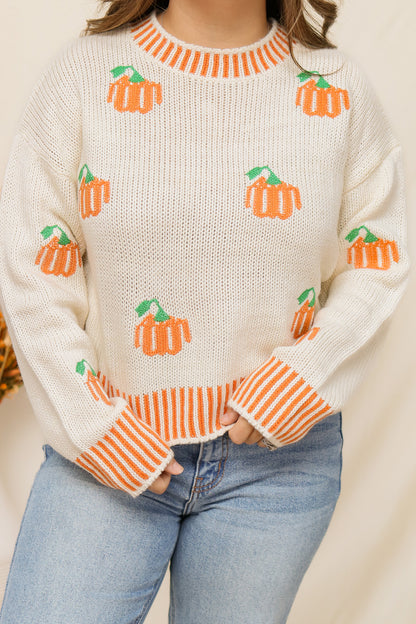Pumpkin Embroidered Knit Sweater