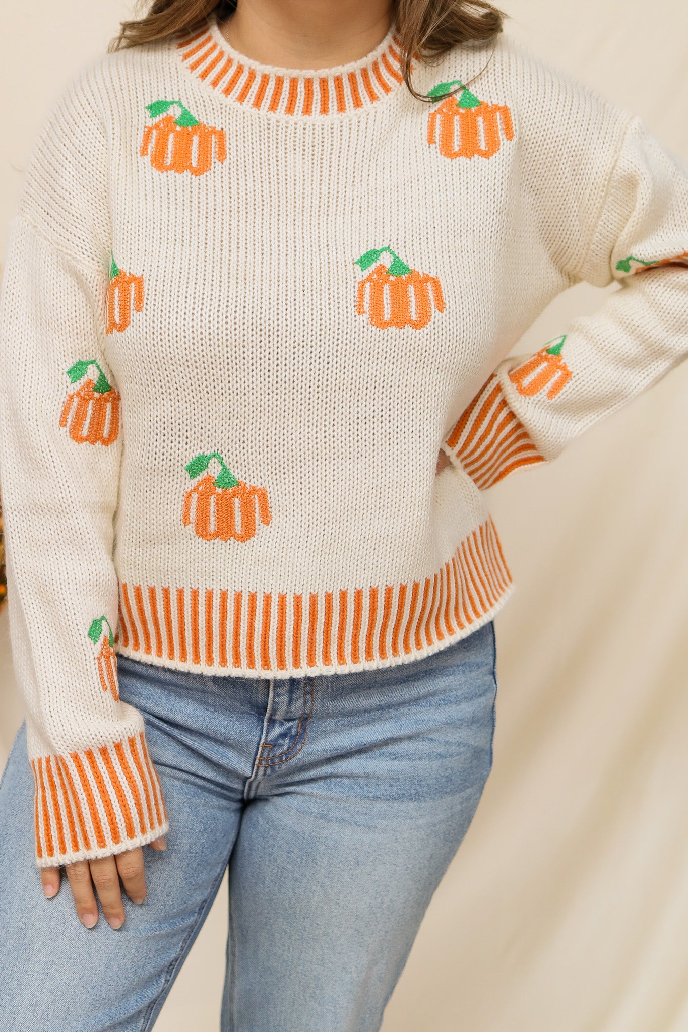 Pumpkin Embroidered Knit Sweater