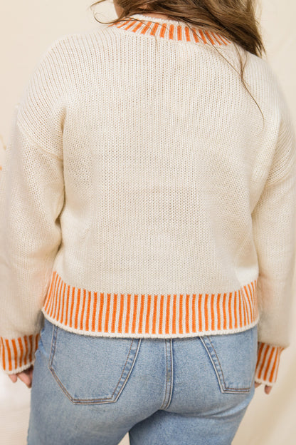 Pumpkin Embroidered Knit Sweater