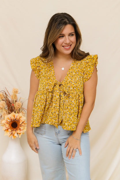 Sunflower Picking Tie Front Top