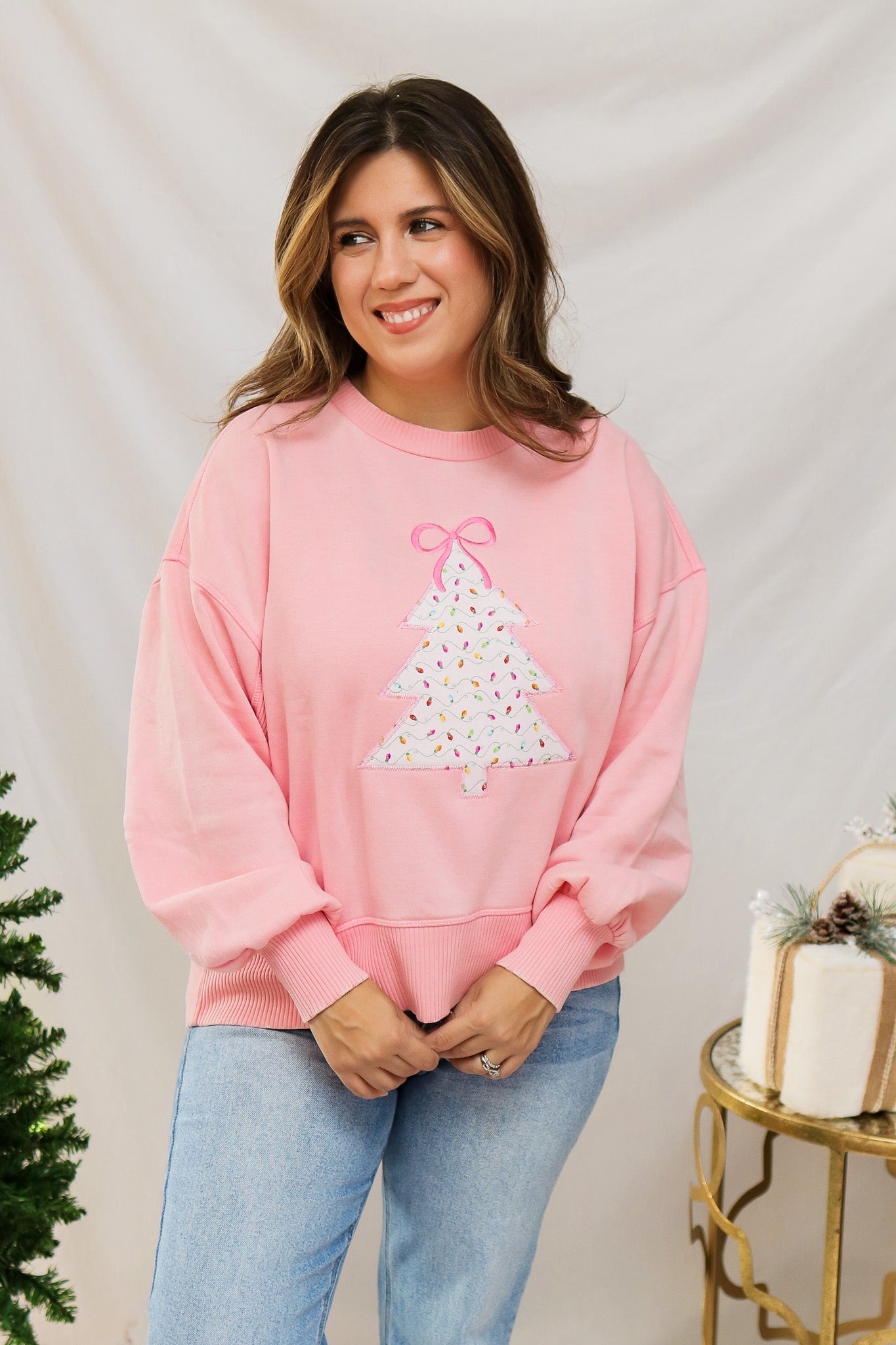 Pink Christmas Tree Embroidered Pullover