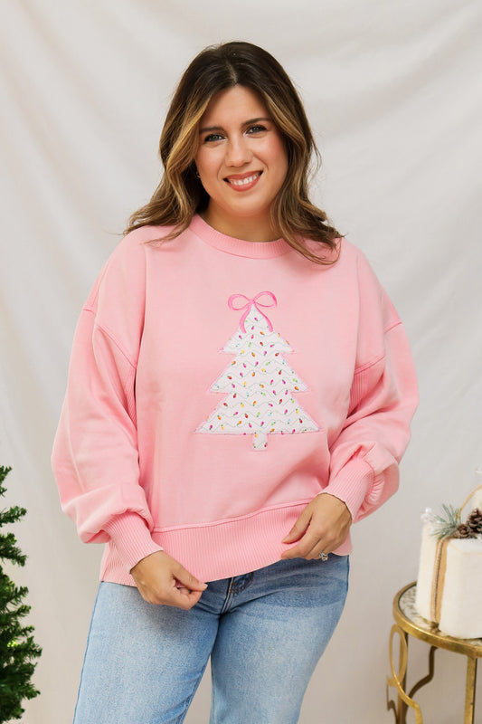 Pink Christmas Tree Embroidered Pullover