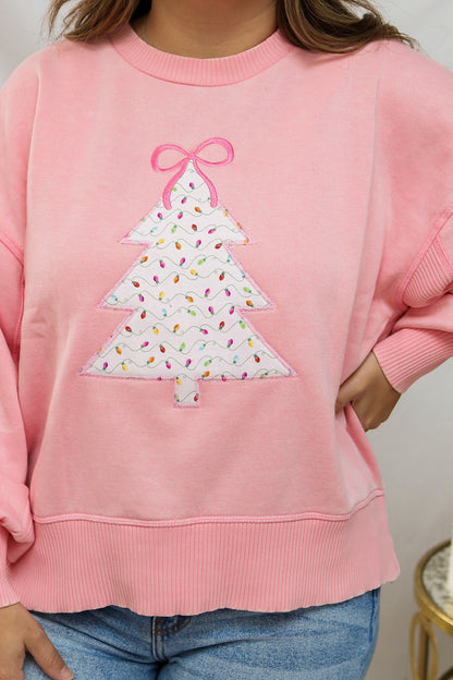 Pink Christmas Tree Embroidered Pullover