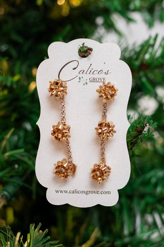 Gold Christmas Bows Rhinestone Drop Earrings