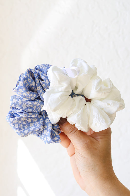 Eyelet And Blue Floral Scrunchie Set (2 pack)