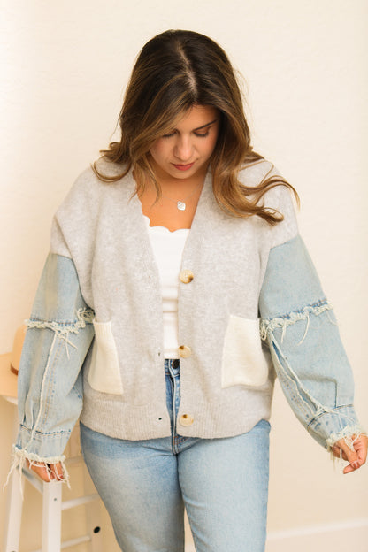 Make A Statement Denim Sleeve Knit Jacket