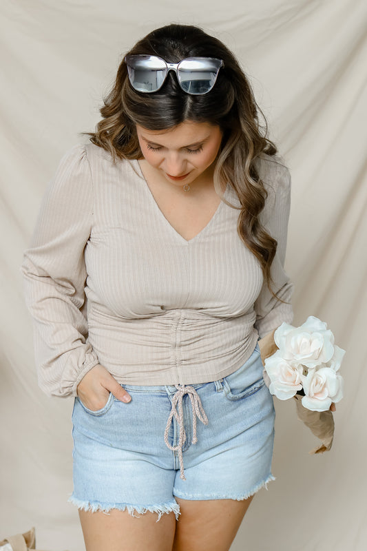 Crisp Afternoons Ruched Top (taupe)
