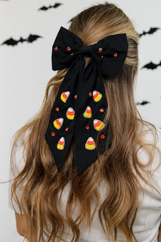 Candy Corn Jeweled Hair Bow (black)