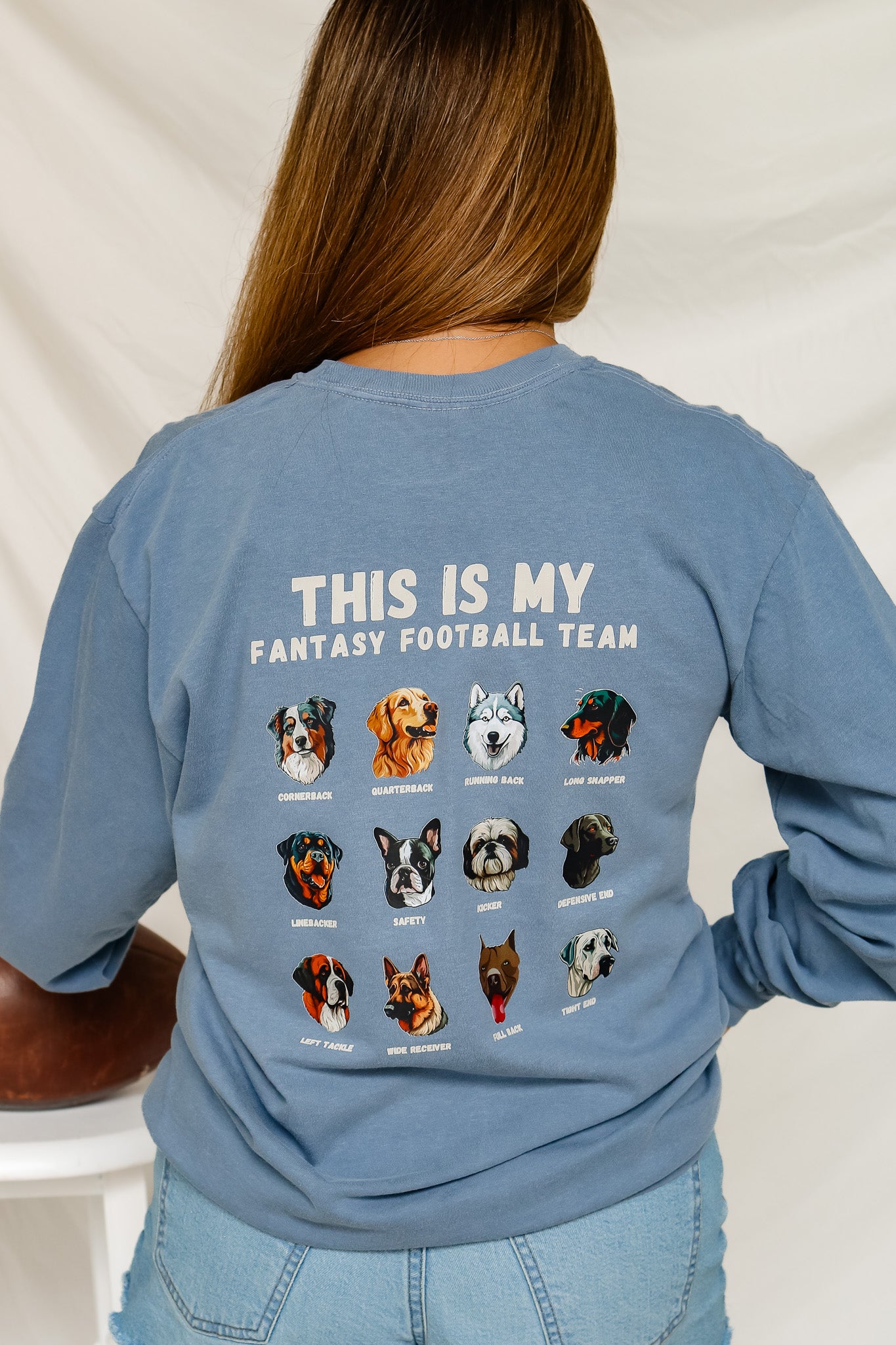 Dog Fantasy Football Long Sleeve Graphic Tee (blue)