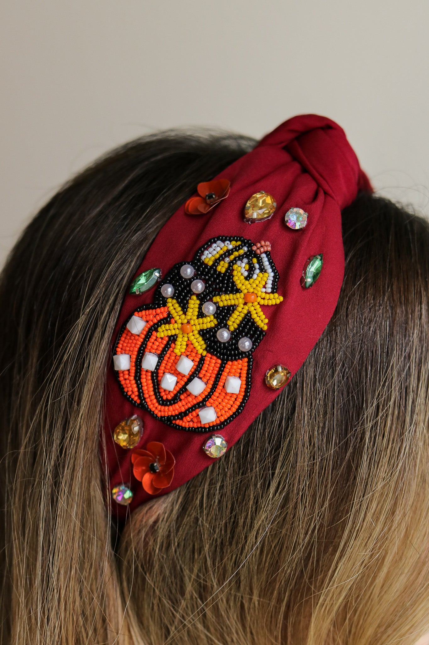 Pumpkin Beaded Knot Headband (burgundy)