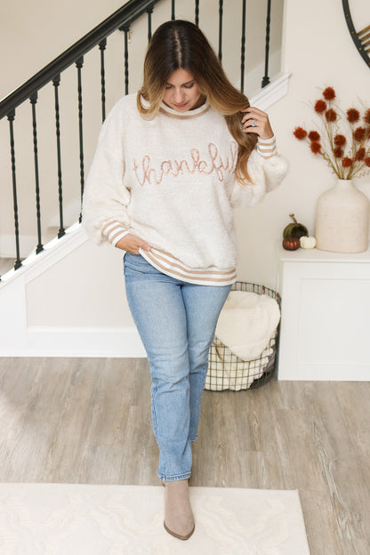 Thankful Embroidered Sequins Fuzzy Pullover