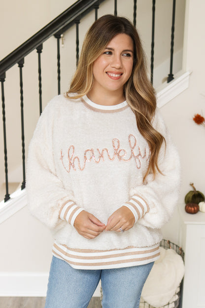 Thankful Embroidered Sequins Fuzzy Pullover